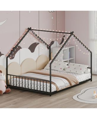 Children's Full Size Bed Frame with LED Lights, Roof-Shaped Iron, Black