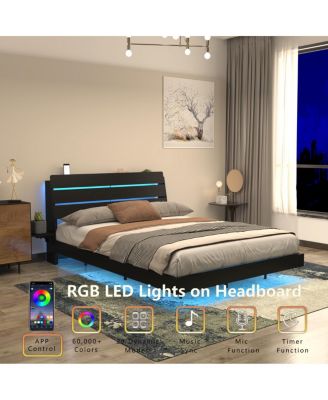 Queen Floating Bed Frame with LED Lights & Charging Station