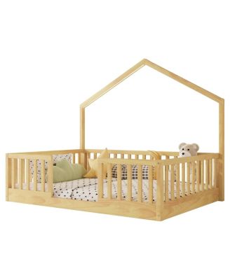 Full Floor Bed with High Rails, Wooden Montessori Bed with Light for Kids