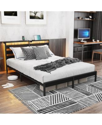 Full Size Metal Platform Bed Frame w/ USB, LED Lights, No Box Spring
