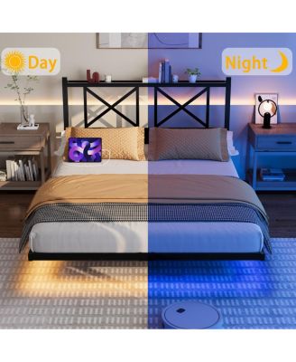 Full Size Floating Bed Frame with Headboard, USB & LED Lights