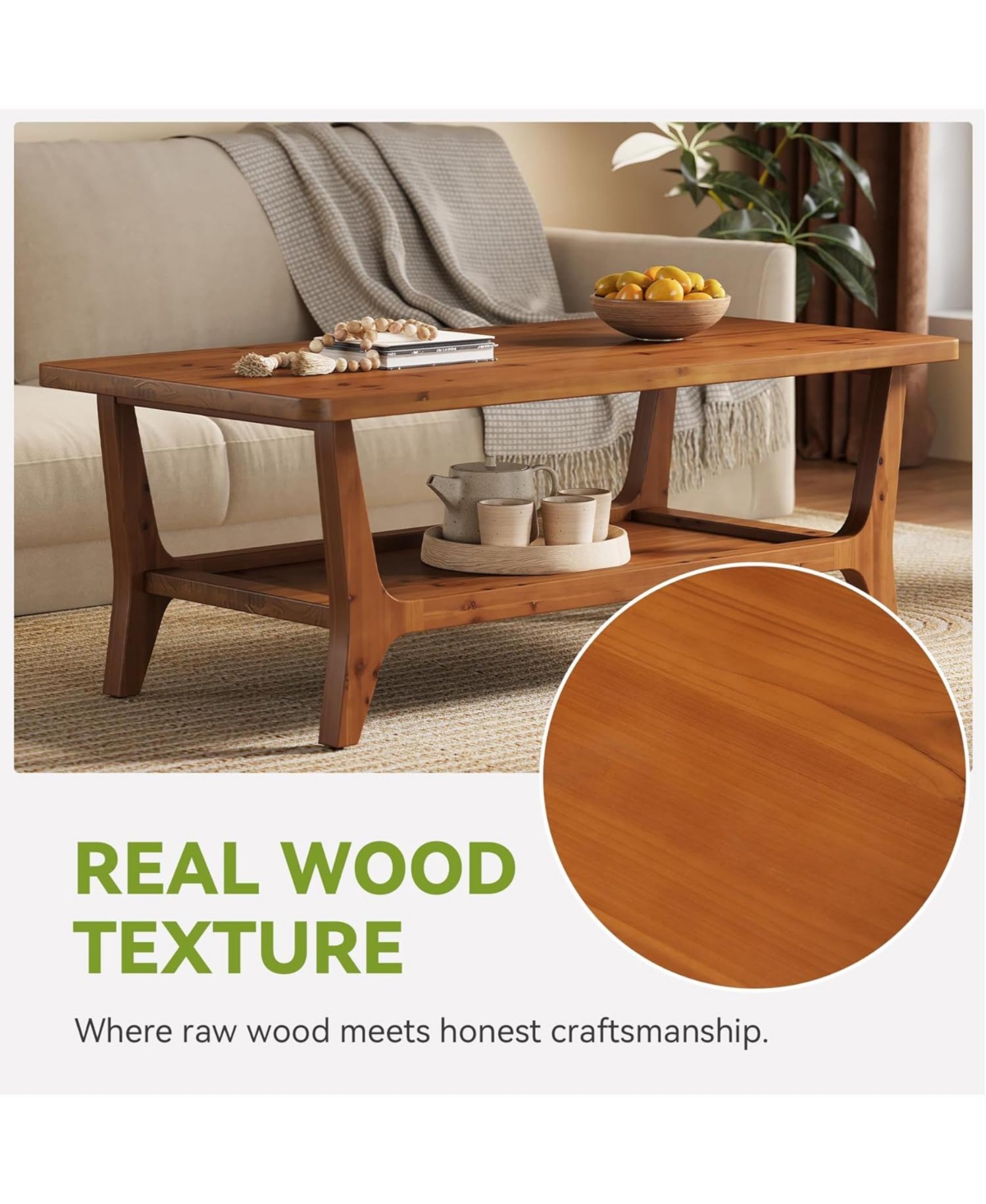 Tribesigns Solid Wood Coffee Table, 47-Inch Living Room Center Table with Shelf, 2-Tier, Smooth Corners, Child-Friendly, Easy Assembly