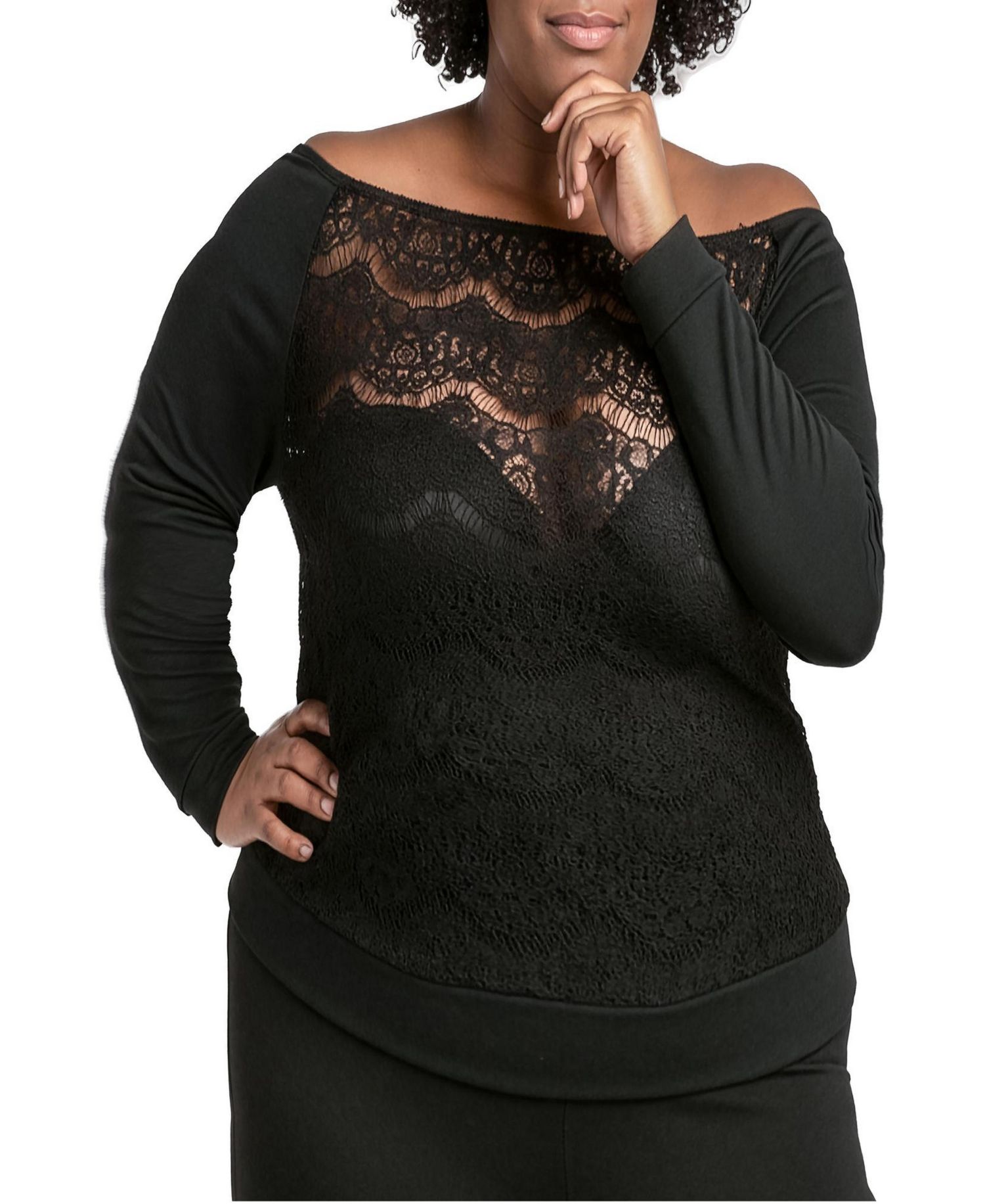 Plus Size Lace Ponte Boat Neck Blouse Tops
