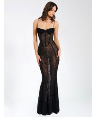 Women's Ulani Black Burnout Velvet Detail Mesh Maxi Dress