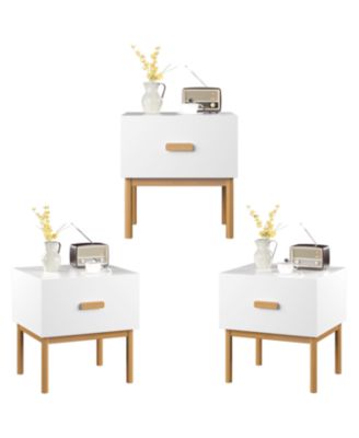 Modern White Nightstand with Drawer & Wood Legs
