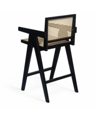 27", Modern Minimalist Bar Stool with Cane Seat, Solid Wood Frame