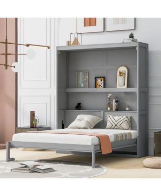  Queen Size Murphy Bed Wall Bed with Shelves, Gray