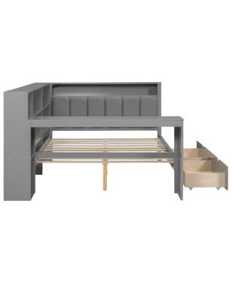  Wood Full Platform Bed w/Storage, Drawers, Charging, LED, Desk, Upholstered Headboard