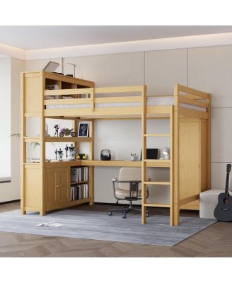  Wood Loft Bed with Cabinet, Bookshelf, Wardrobe & Desk, Queen Size