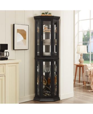Streamdale Lighted Corner Curio Cabinet with Tempered Glass Doors & Adjustable Shelving - Black