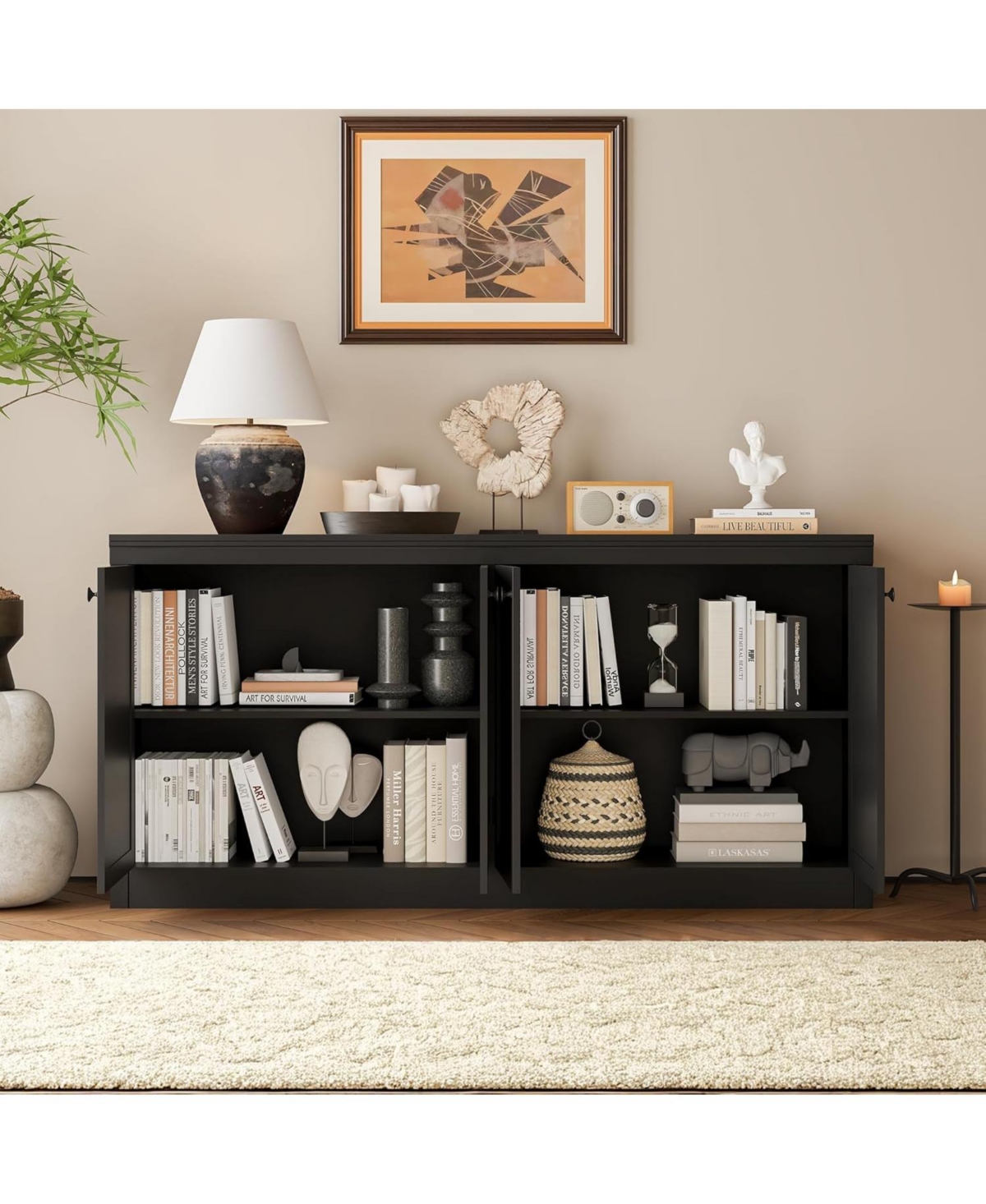 gaomon 63" Buffet Sideboard with 4 Striped Door, Wooden Buffet Cabinet with Storage, Modern Coffee Bar Cabinet with Adjustable Shelf