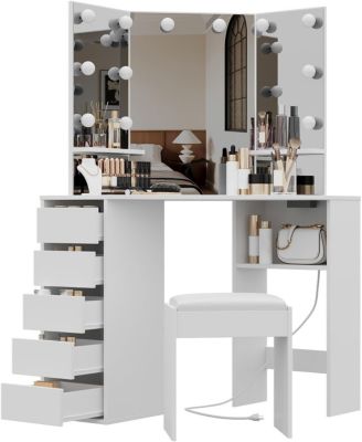 Corner Vanity and Stool, Corner Vanity Desk with Mirror and Lights, Corner Makeup Vanity with Power Outlet, 3 Color