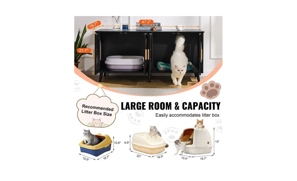 Zeus & Ruta Black Wooden 2-Room Cat Litter Box Enclosure