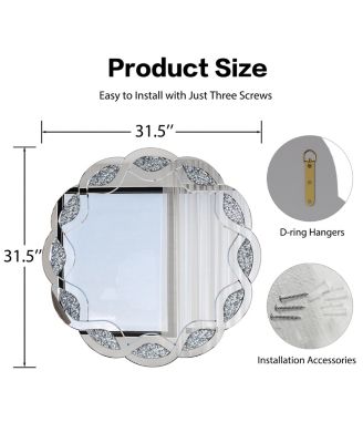 Crush Diamond Round Wall Mirror,31.5 Inch Wave Frame Decorative Mirror for Living Room,Bathroom,Bedroom,Hallway,Heavy Duty Frame