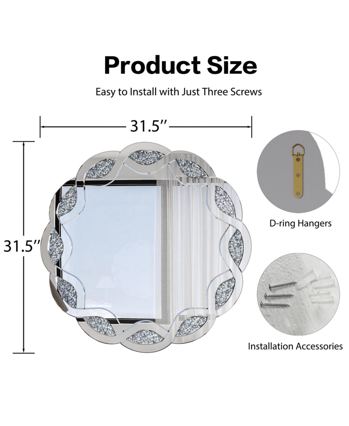 Busdays Crush Diamond Round Wall Mirror,31.5 Inch Wave Frame Decorative Mirror for Living Room,Bathroom,Bedroom,Hallway, Heavy Duty Frame