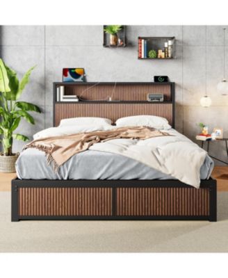 Large Wooden Platform Bed Frame with Storage & Socket