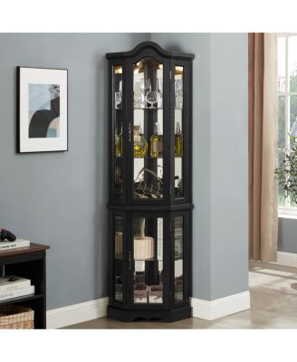 Lighted Oak Curio Cabinet with Tempered Glass Doors & Shelves - Black