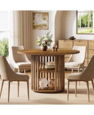 47-Inch Round Dining Table for 4, Farmhouse Kitchen Table with 2-Tier Storage Shelf and Solid Wood Base, Brown