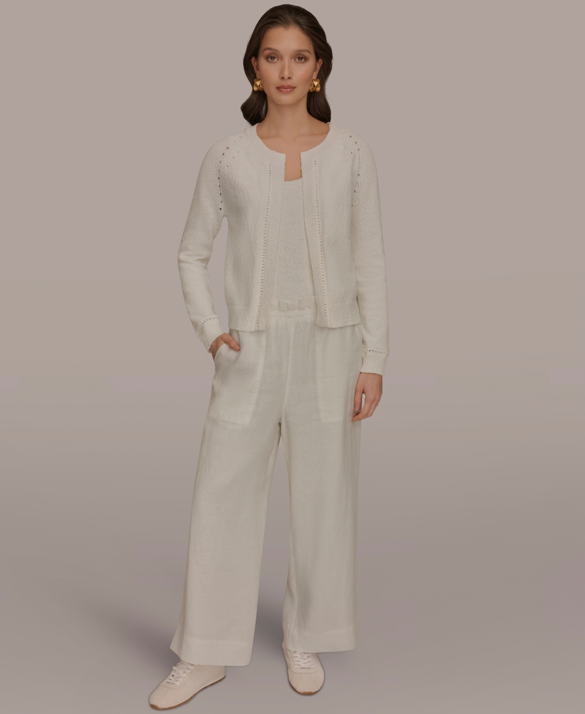 Donna Karan Weekend Women's Pointelle Stitch Detail Open-Front Cardigan