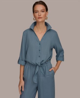 Women's Linen Button-Front Tie Blouse
