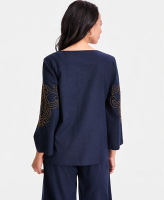 Women's Bead-Embellished Linen-Blend Top