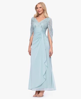 B&A By Betsy & Adam Petite Draped Lace Back Gown