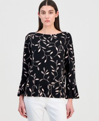 Women's Printed Boat-Neck Bell-Sleeve Top