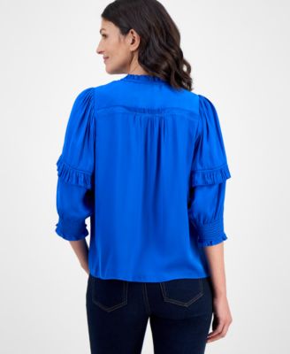 Women's Smocked Ruffle-Trim Elbow-Sleeve Top