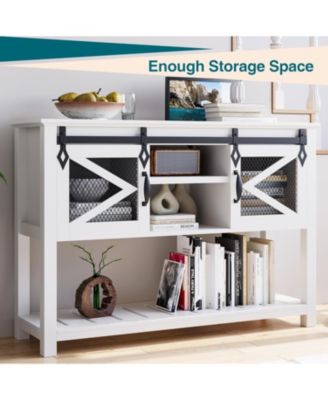 46" Farmhouse Entryway Console Table with Sliding Barn Door & Ample Storage Shelf - Narrow Rustic Wooden Sofa Table for Living Room and Foyer