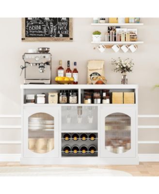 Modern Coffee Cabinet with Led Lights, Coffee Bar Table with 2 Glass Doors, White Bar Cabinet with with Wine Racks for Kitchen, Dining Room