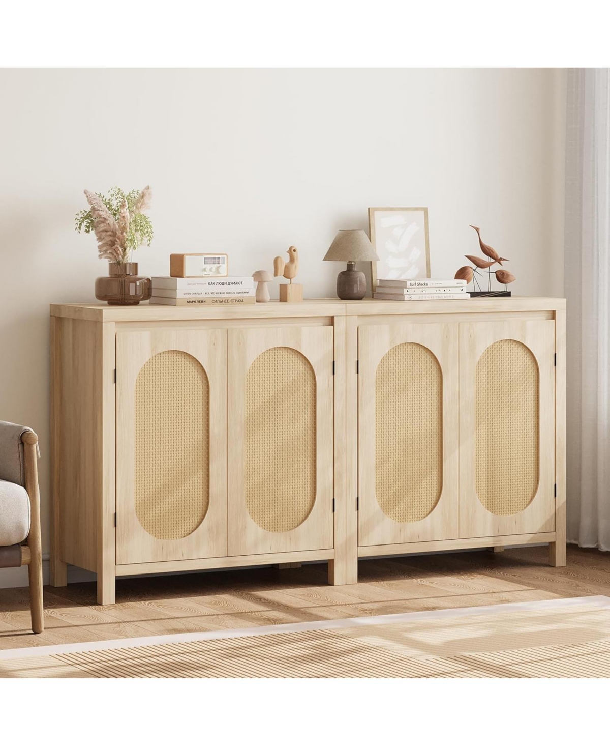 gaomon Rattan Cabinet Sideboard Buffet Kitchen Storage Cabinet Cupboard Console Table Wood Coffee Bar Cabinet With Doors
