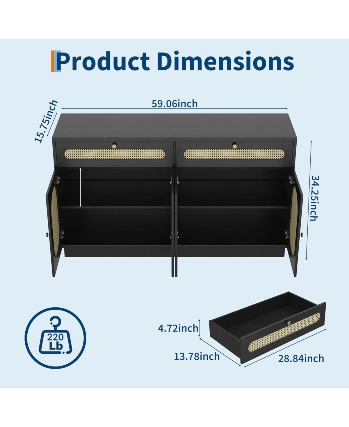 gaomon 60'' Rattan Sideboard, Sideboard Cabinet with Adjustable Shelves, Buffet 2 Drawers and 4 Doors for Dining Room