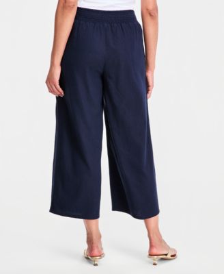 Women's Cropped Drawstring Linen-Blend Wide-Leg Pants