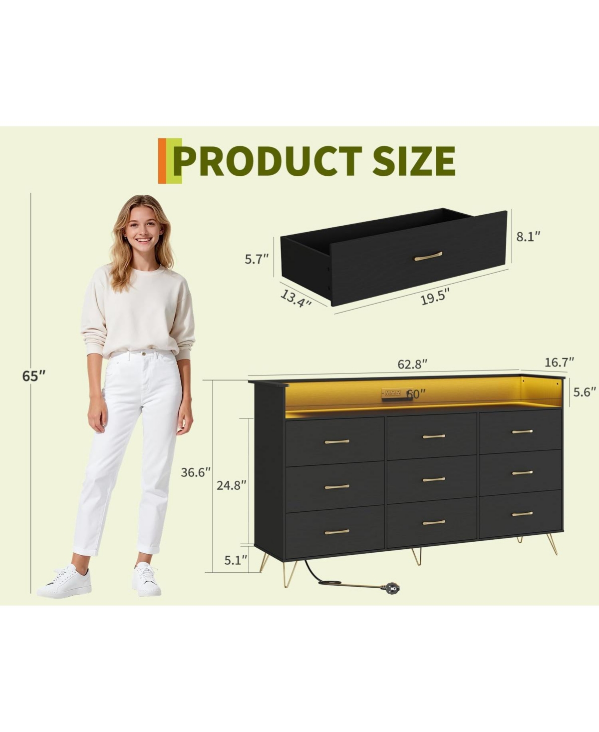 gaomon 9-Drawer Tall Dresser with App-Controlled Rgb Lights & Charging Station, Modern Wooden Chest 3 Outlets/2 Usb