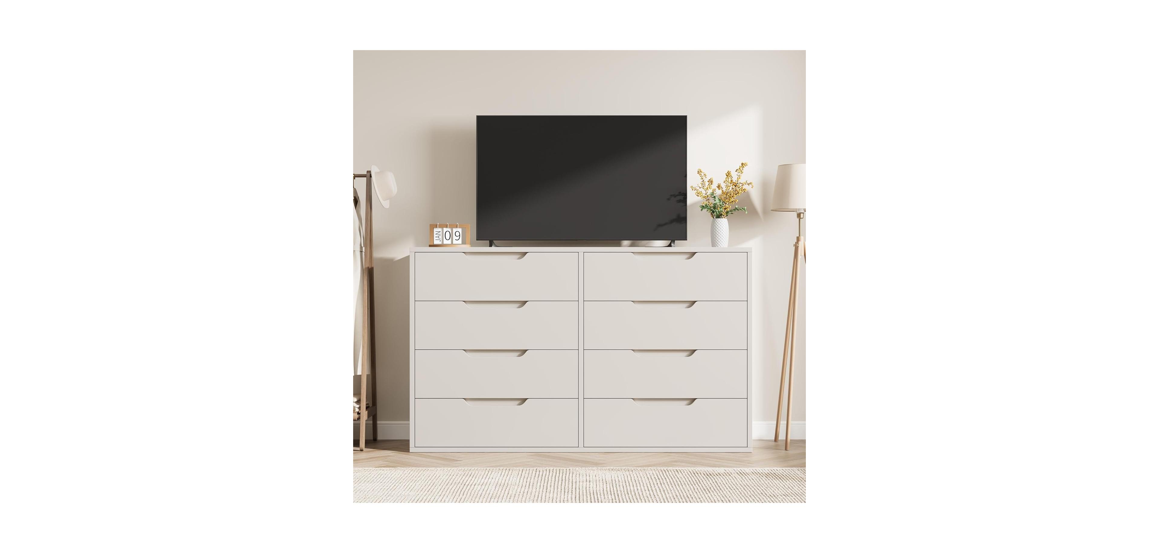 Gaomon Farmhouse Tv Stand with 8 Drawers Storage, Entertainment Center with Sturdy Metal Legs