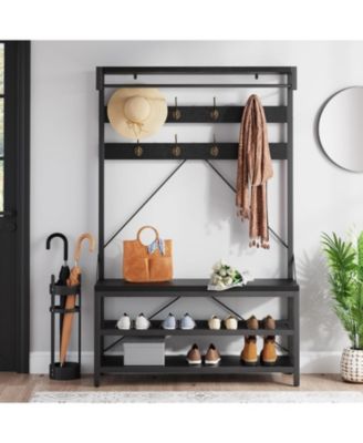 72" Industrial Hall Tree with Shoe Bench & Coat Rack, Entryway Storage Organizer with 8 Hooks, 3-Tier Shelf & Metal Frame