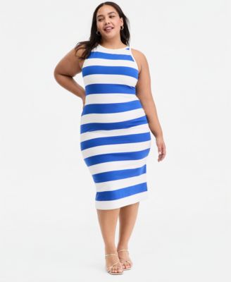 Trendy Plus Size Striped High-Neck Sleeveless Midi Dress