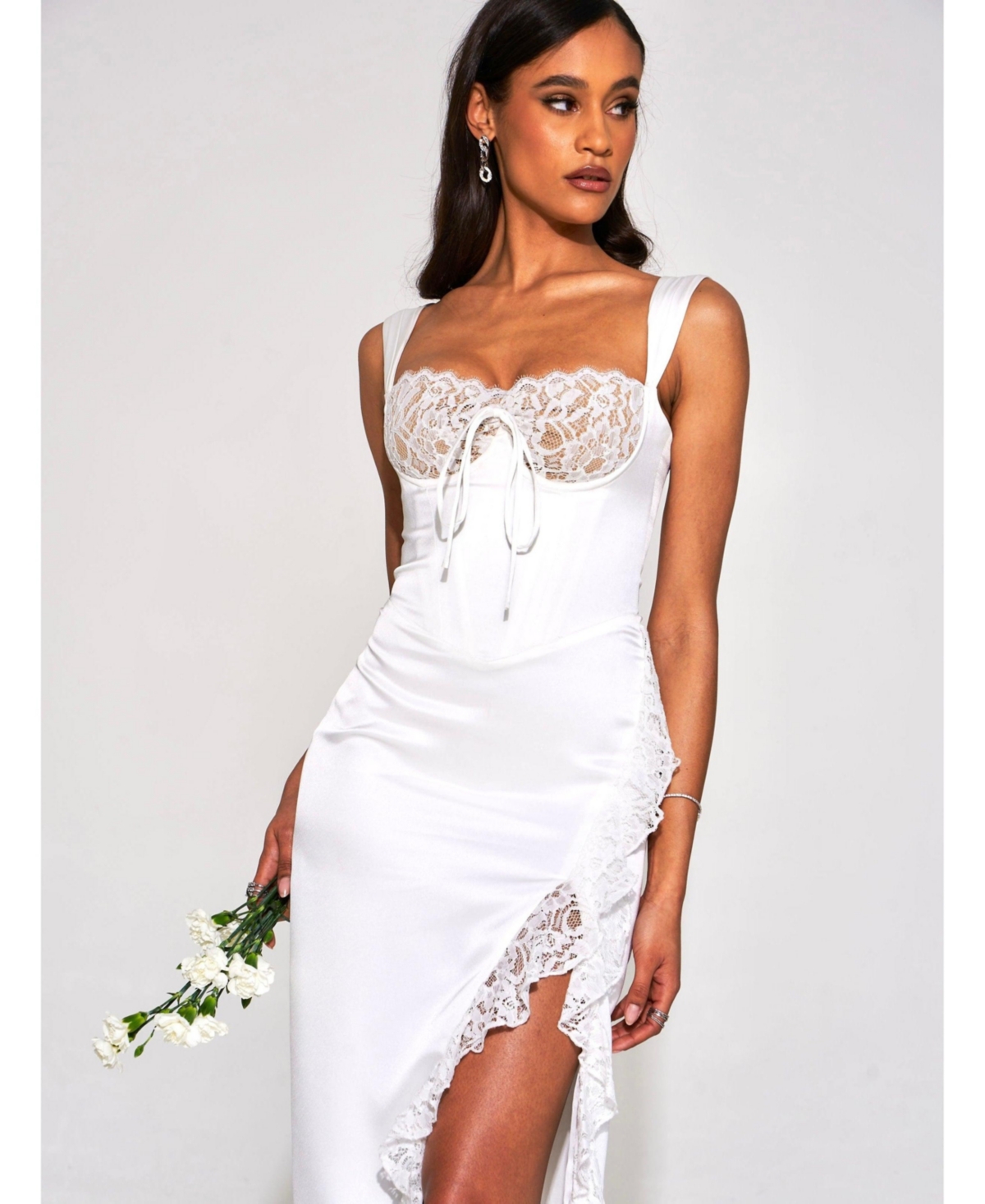 Miss Circle Women's Freddie White Lace Satin Maxi Corset Dress