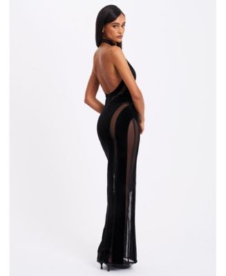 Women's Paityn Black Velvet Mesh Cutout Halter Gown