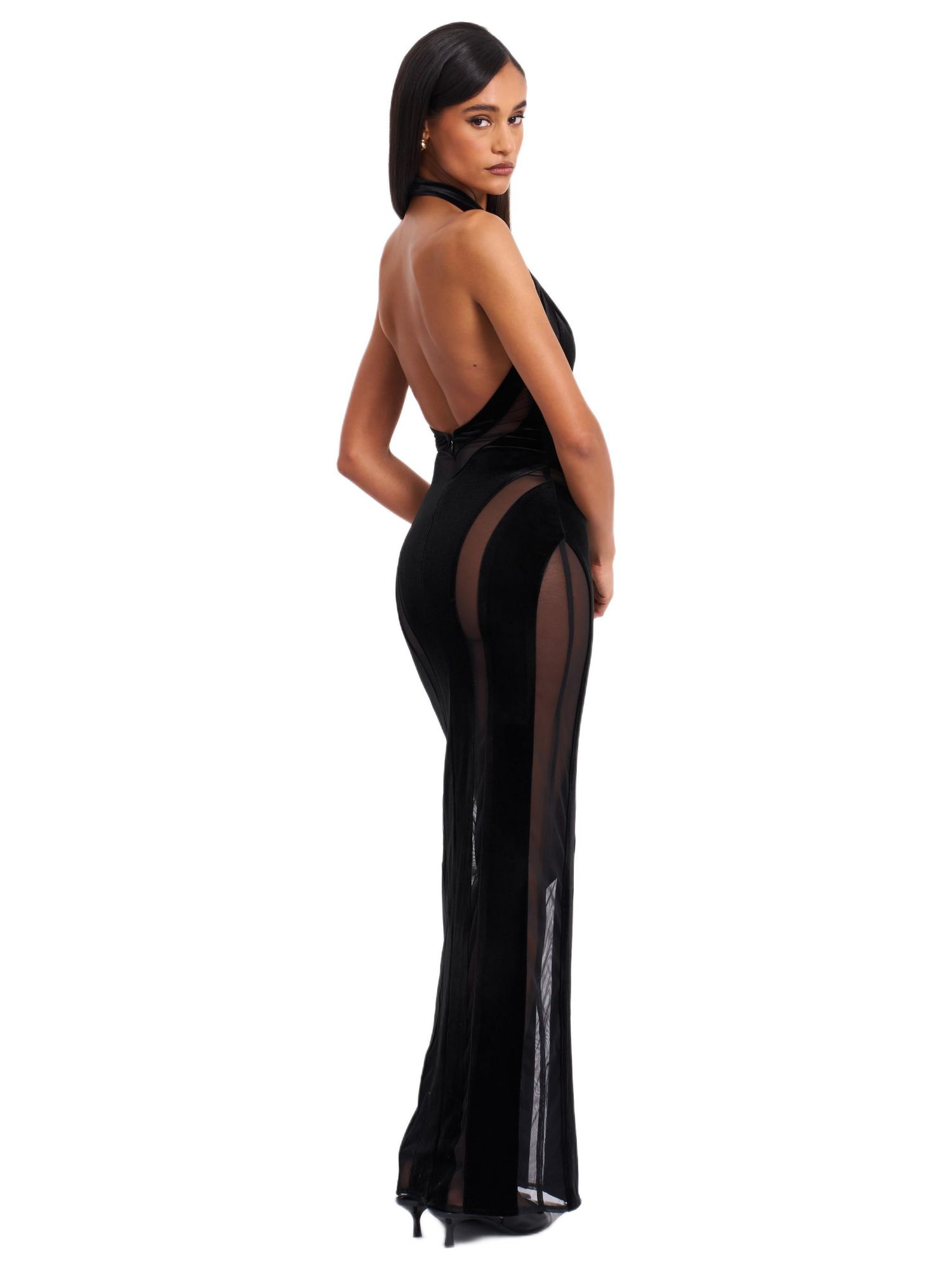 Women's Paityn Black Velvet Mesh Cutout Halter Gown