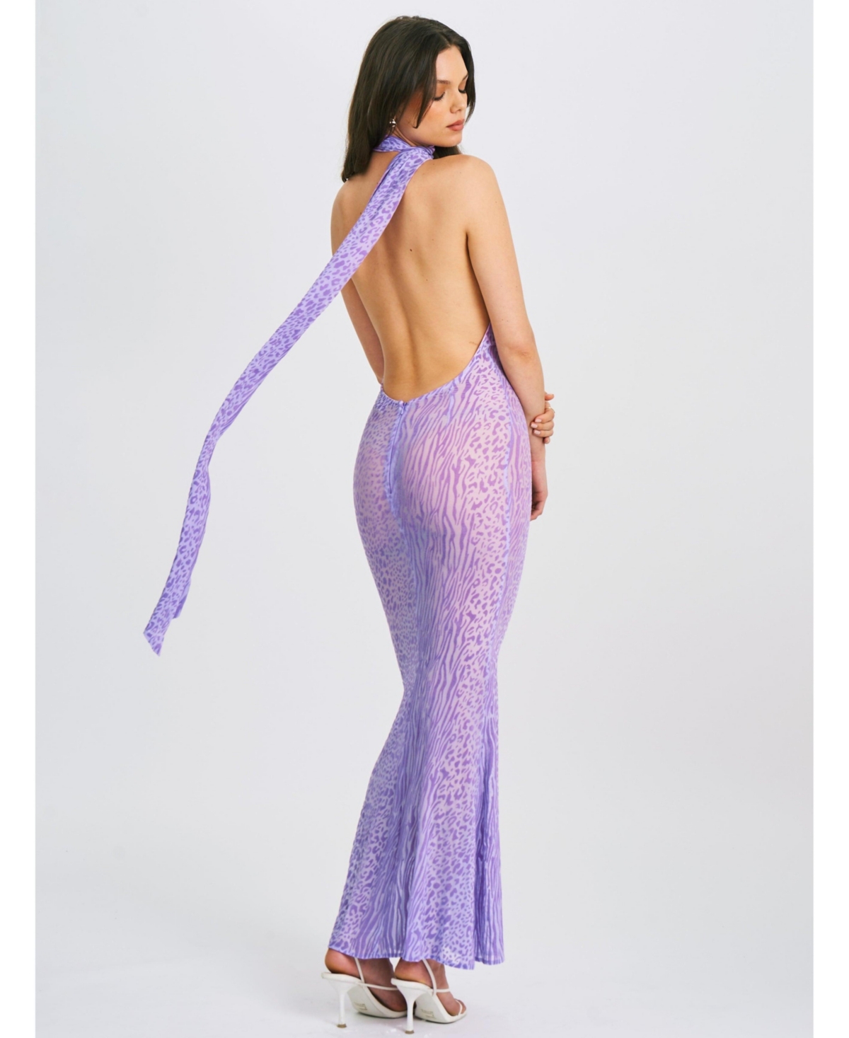 Miss Circle Women's Olena Purple Burnout Velvet Animal Print Mesh Halter Neck Maxi Dress