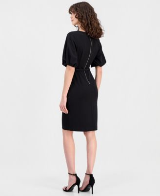 Women's Belted Puff-Sleeve Sheath Dress
