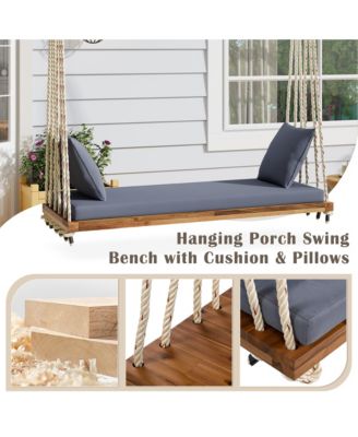 Patio Wooden Swing Chair, Hanging Porch Swing Bench with Cushion&Pillows, 10.8Ft Hemp Ropes for Garden,Backyard,Lawn