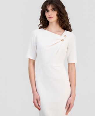 Women's Asymmetric-Neck Elbow-Sleeve Midi Dress