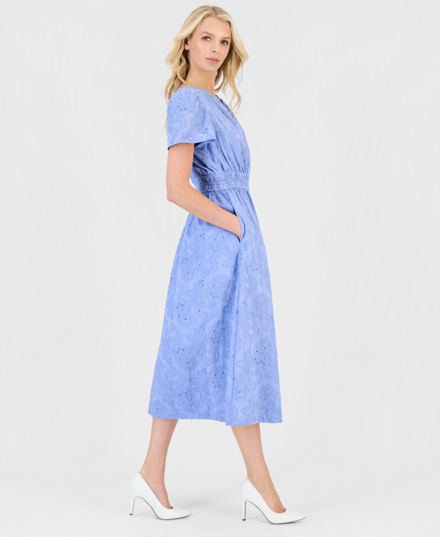 Женское платье Anne Klein Eyelet Short-Sleeve Midi, цвет: Синий — фото 3