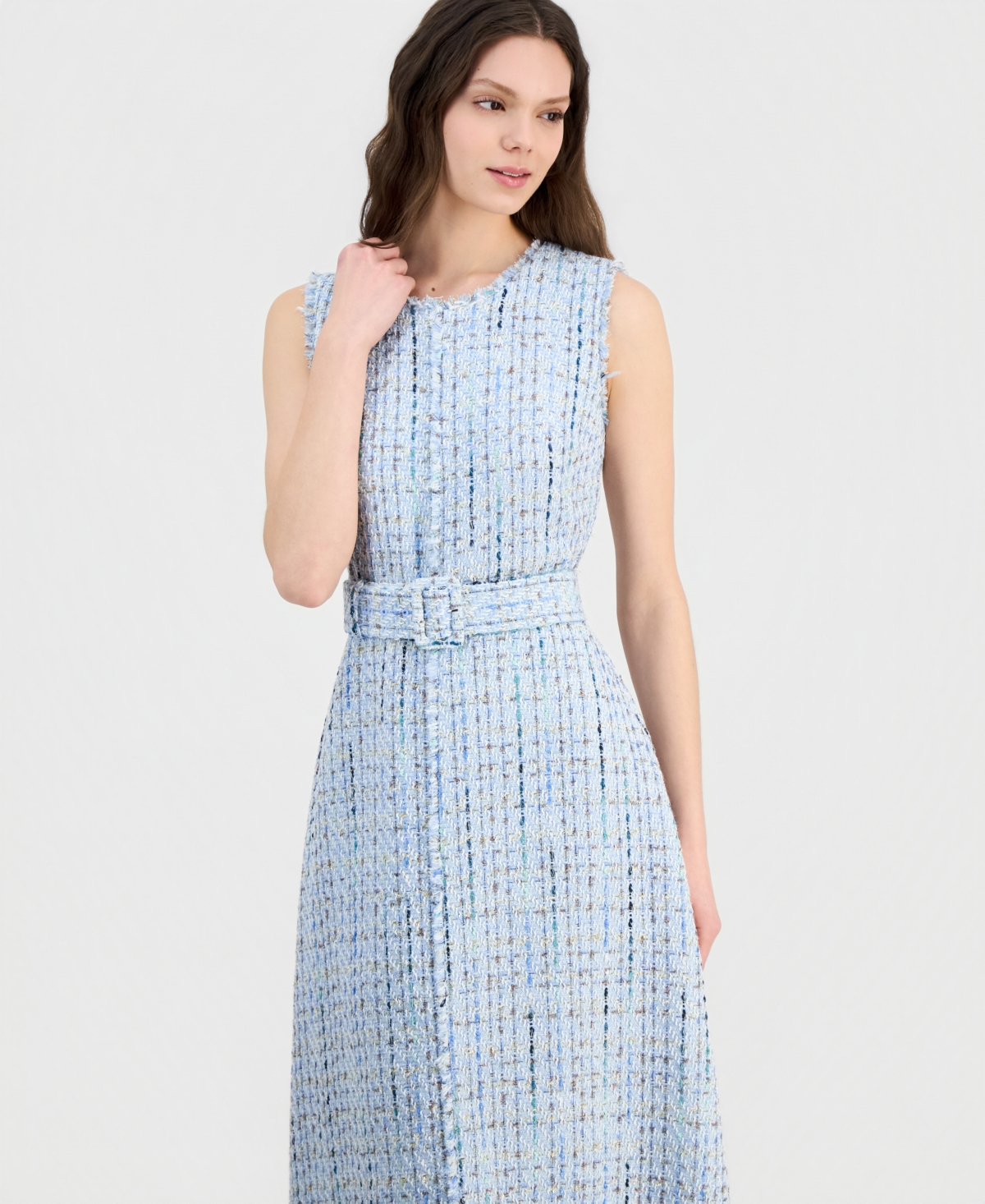 Anne Klein Women's Tweed Belted Sleeveless Midi Dress