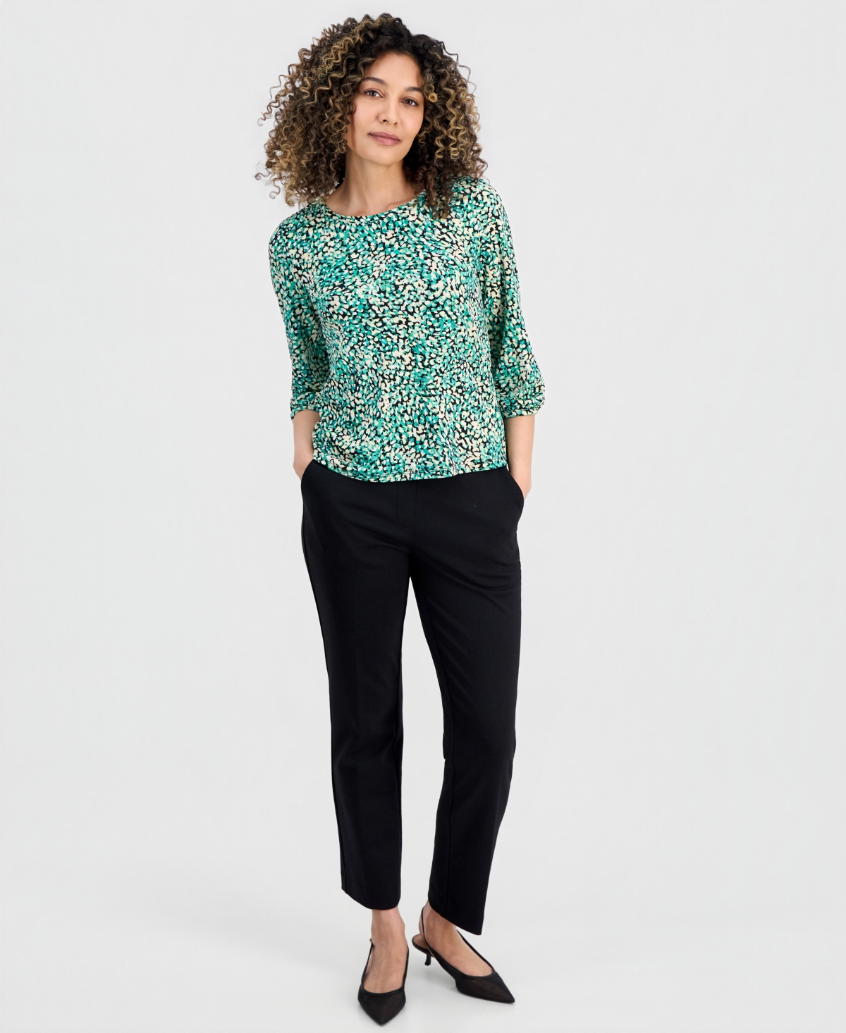 Jones New York Petite Printed Blouson-Sleeve Top