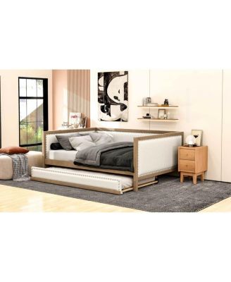  Full Size Upholstered Daybed with Trundle and Nailhead Decoration, Wood Color