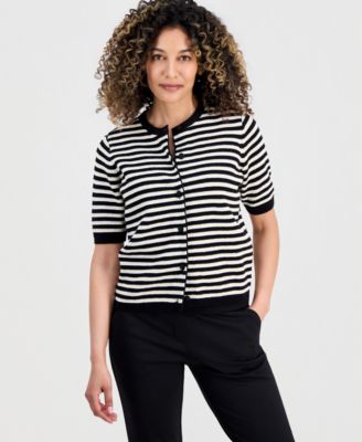 Petite Striped Short-Sleeve Cardigan