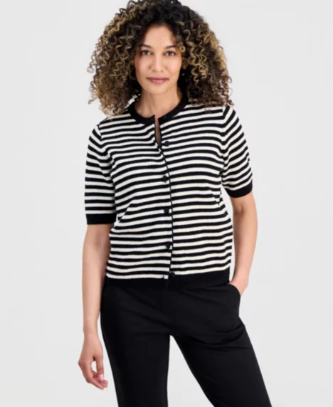 Petite Striped Short-Sleeve Cardigan - Jones Black / Jones White